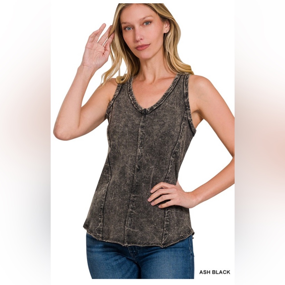 NWT! ASH BLACK FRENCH TERRY CRINKLE WASHED RAW EDGE V-NECK
SLEEVELESS TOP